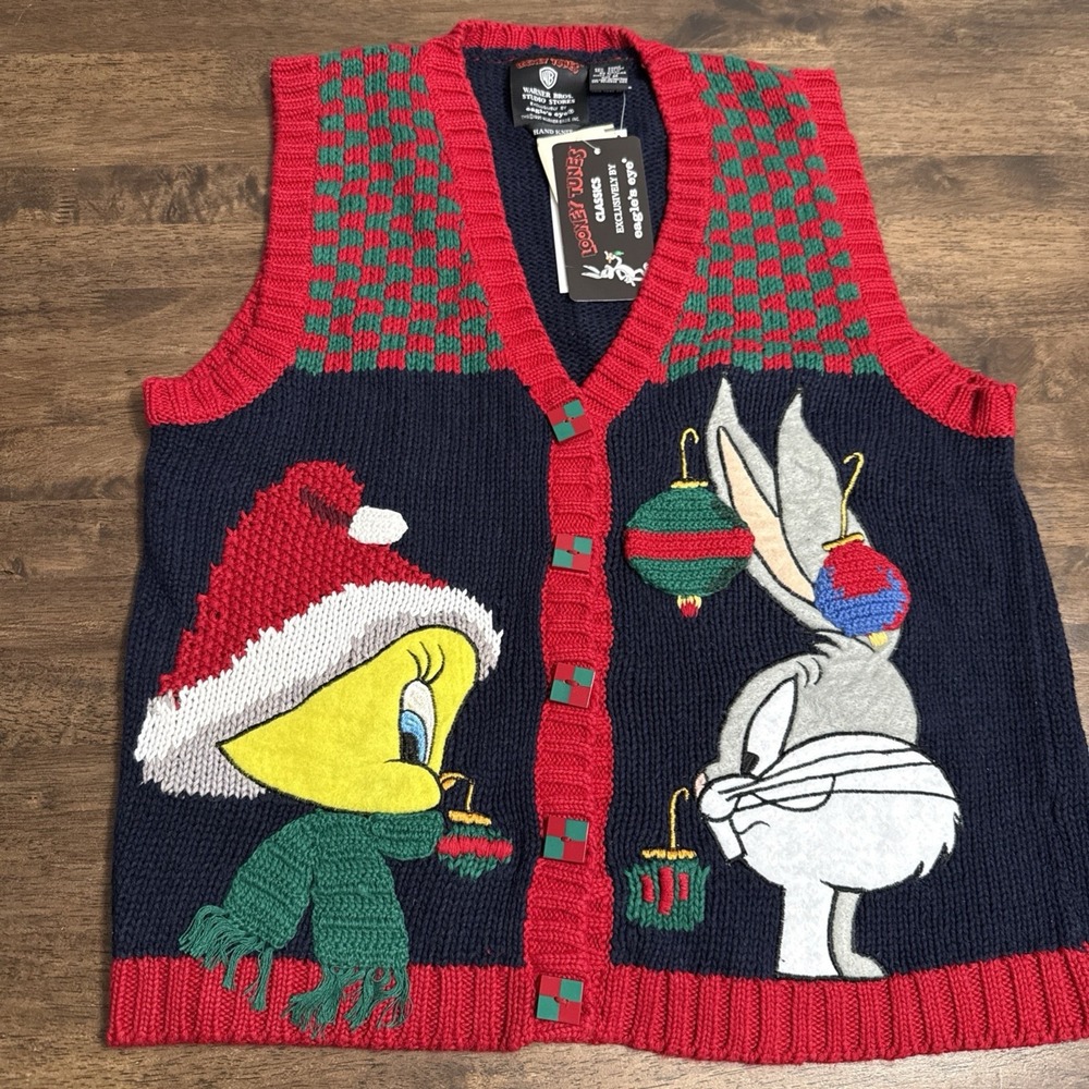 Deadstock VTG 1995 Looney Tunes Tweety Bird Bugs Bunny Christmas Sweater Vest M